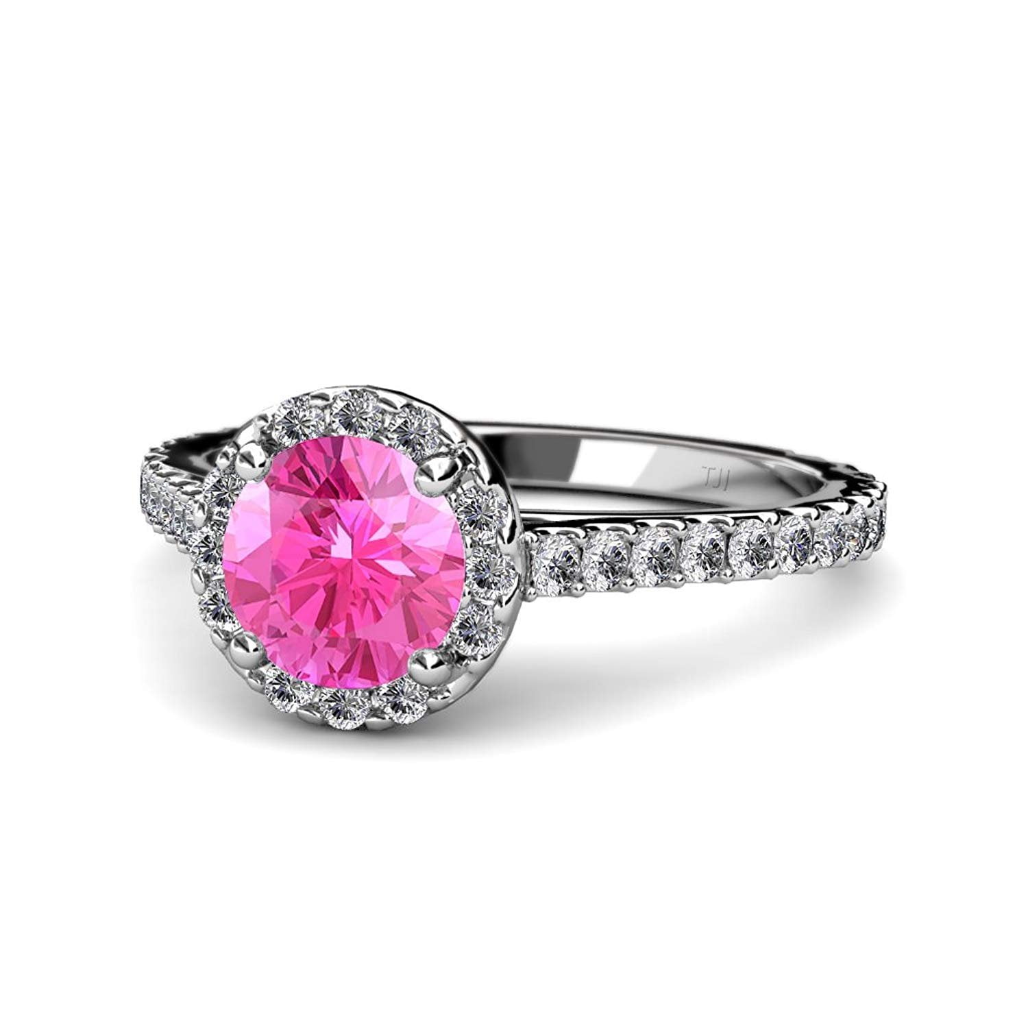 Pink Sapphire and Diamond (SI2-I1, G-H) Halo Engagement Ring 1.57 ct tw in 14K White Gold.size 5.0 by TriJewels