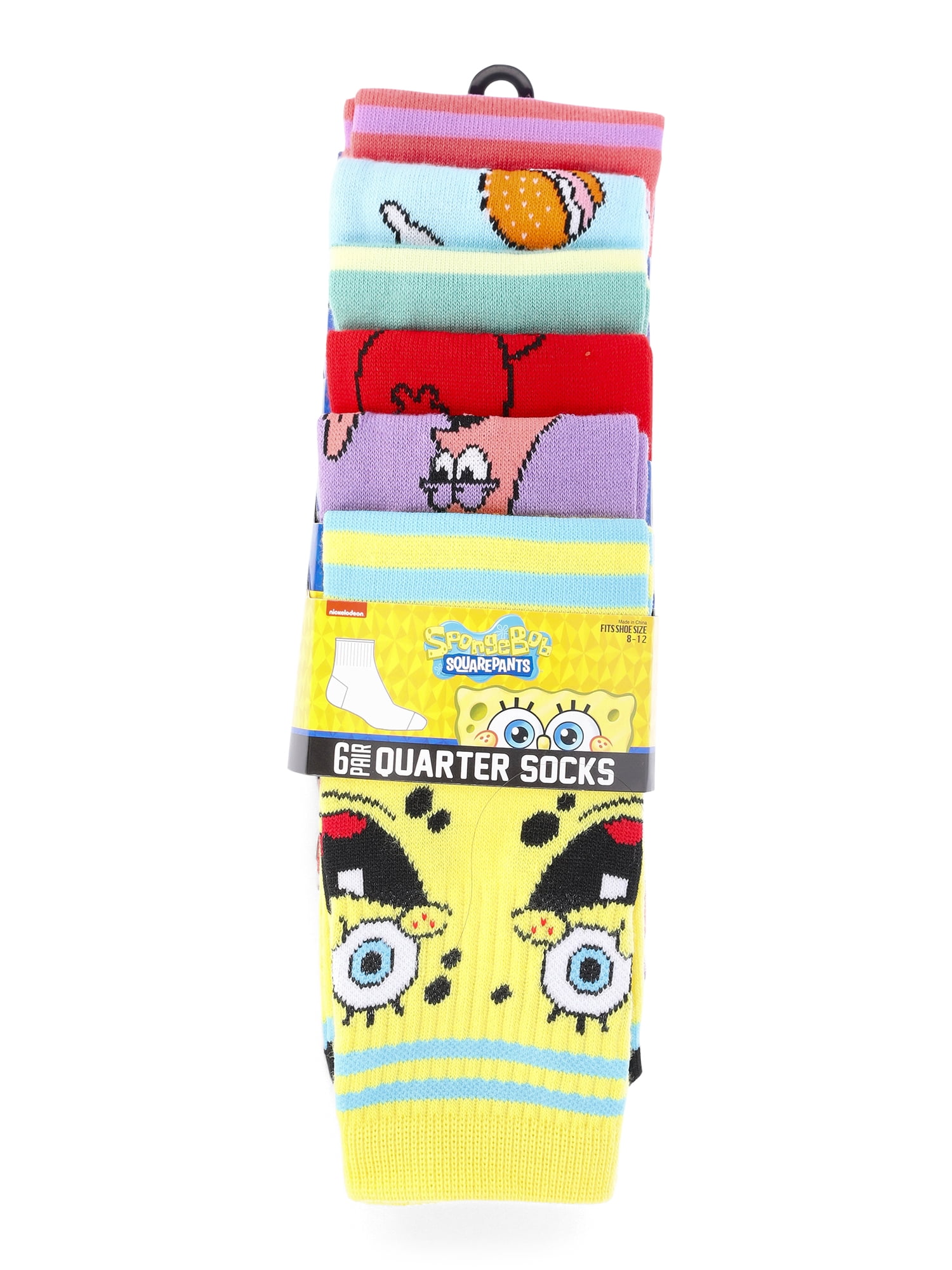 SpongeBob SquarePants Men's Quarter Socks, 6-Pack, Shoe Sizes 8-12