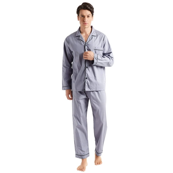 TONY AND CANDICE Men’s Cotton Pajama Set, Long Sleeve Button-Down Woven Sleepwear (Gray with Black Piping, Large)
