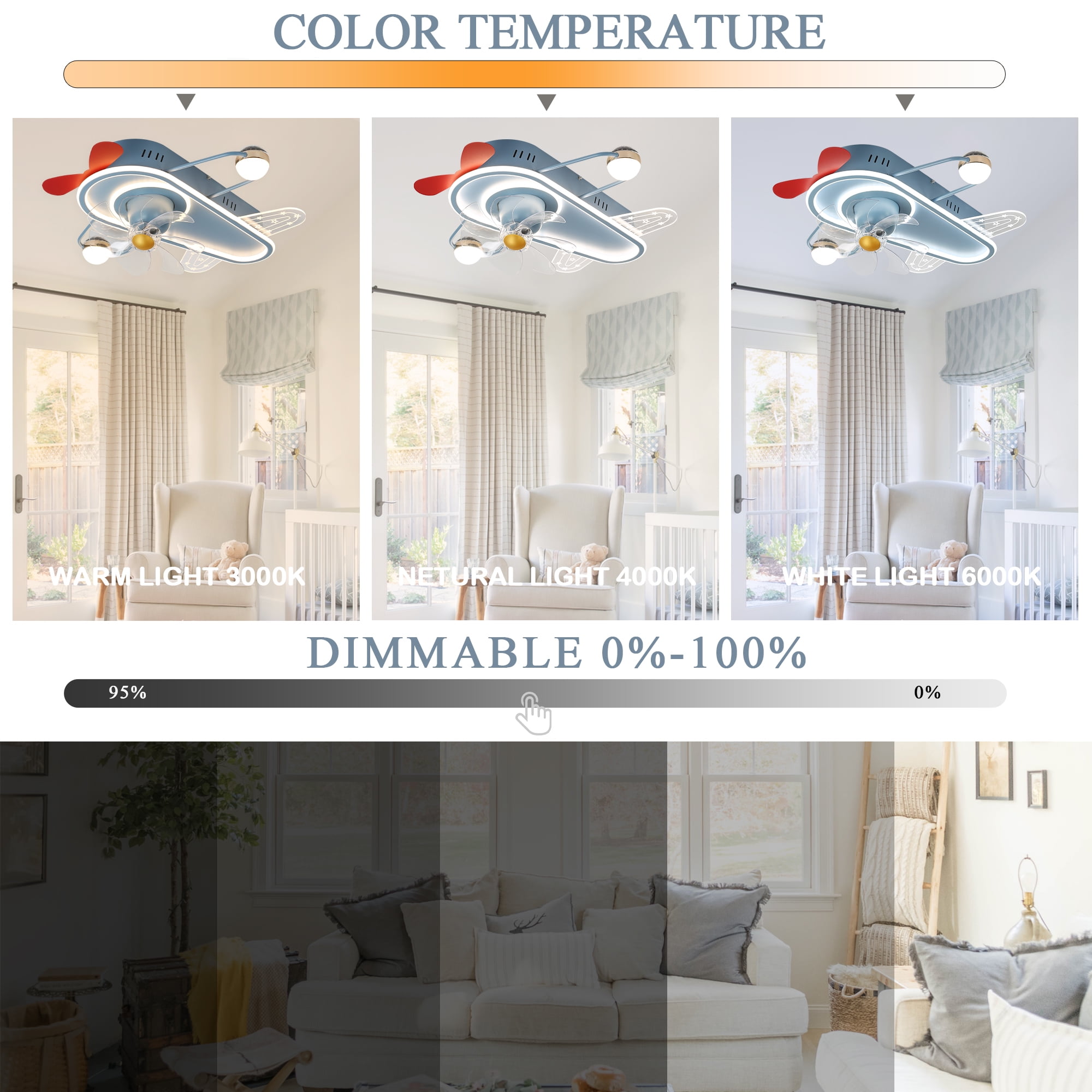Cusp Barn 26 Inch Creative Plane aircraft Ceiling Fan With LED Light, Low Profile Flush Mount Ceiling Fan with Remote APP Control for Kids Bedroom