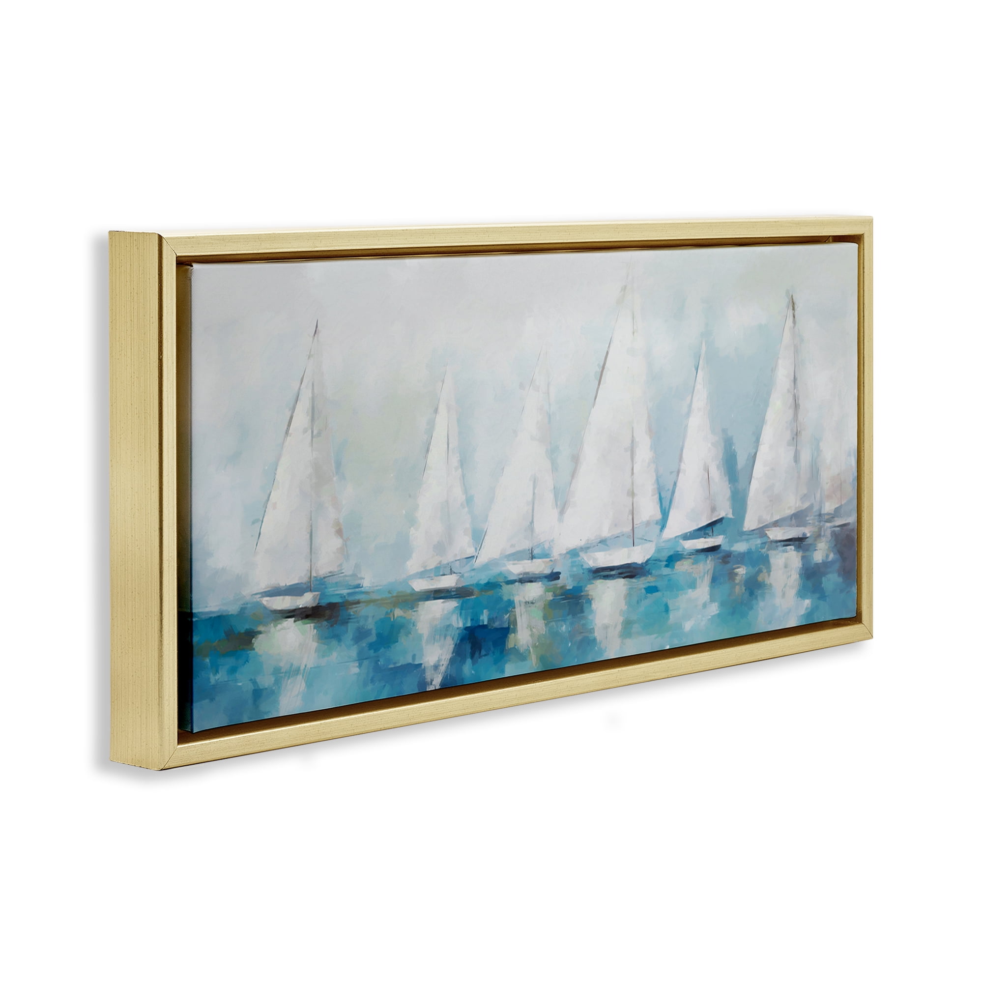 Stupell Industries Nautical Sailing Fleet Transportation Painting Gold Floater Framed Canvas Art Print Wall Art, 25 x 11
