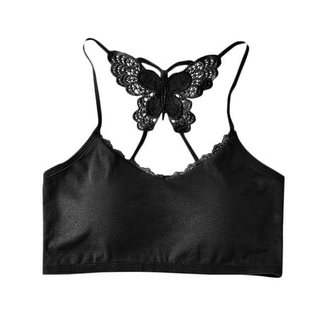 Gnurob Womens Wireless Bras Butterfly Beauty Back Bra Lace Brassiere Criss-Cross Back Padded Underwear Full Coverage Bra Comfort Breathable Bralette Clearance Saving Black Large