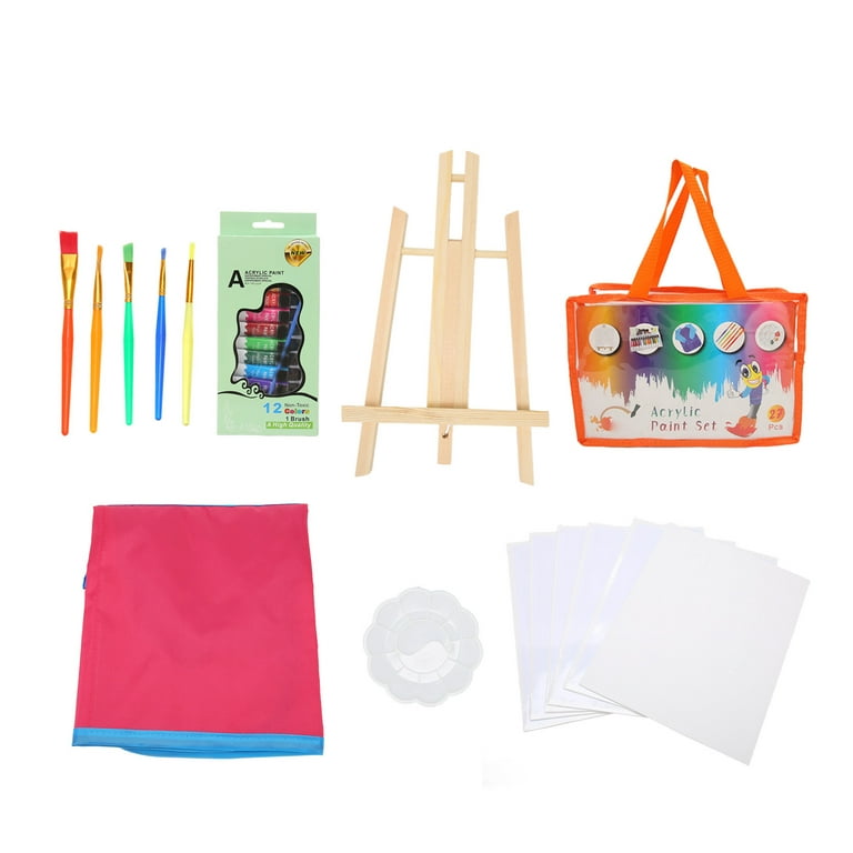 POPYOLA Kids Paint Set-27 Piece Kids Art Set with Acrylic Paint,Brushes, Easel, Smock, Bag for Little Boys or Girls, Great Gift for