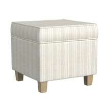 Benjara Pyp Square Storage Ottoman- 18" Ivory Pinstripe Fabric- Brown Legs