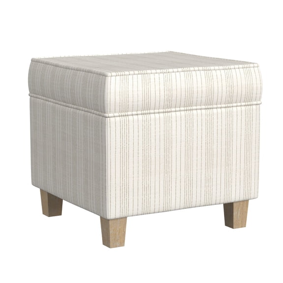 Benjara Pyp Square Storage Ottoman- 18" Ivory Pinstripe Fabric- Brown Legs