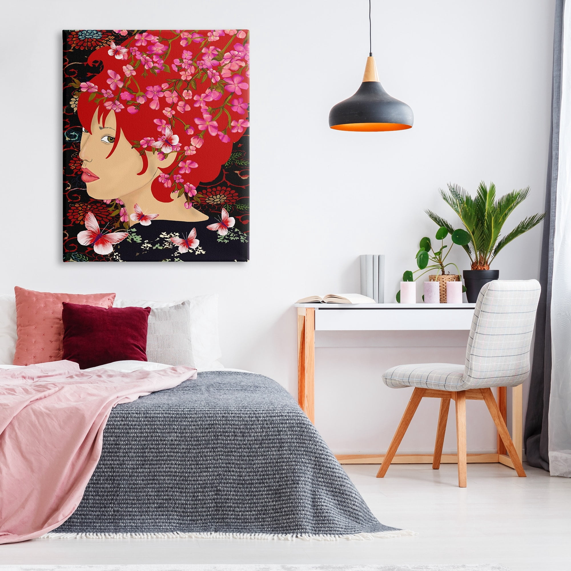 Stupell Industries Pink Blossom Female Portrait Butterfly Florals Abstract Pattern, 36 x 48,Design by Sangita Bachelet