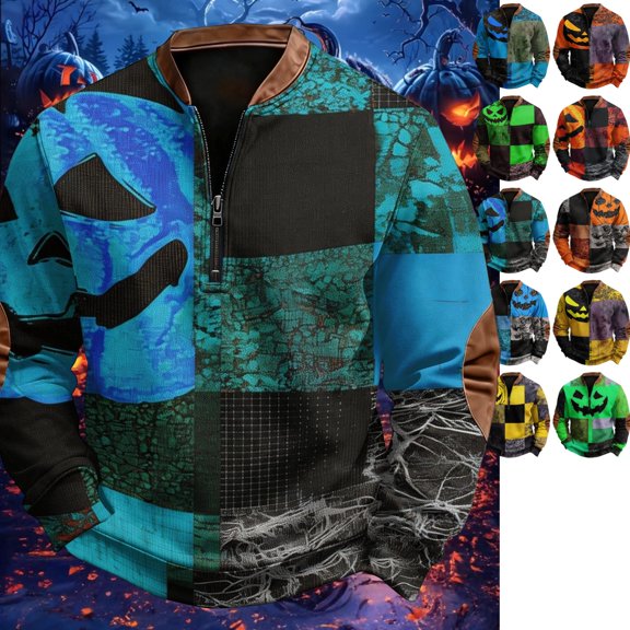 GrmtClth Mens Regular Fit Halloween Golf Pullover Shirts Long Sleeve Spliced Patchwork Horror Pumpkin Skull Print Stretch Comfortable Daily Holiday Gathering Tops Black XL