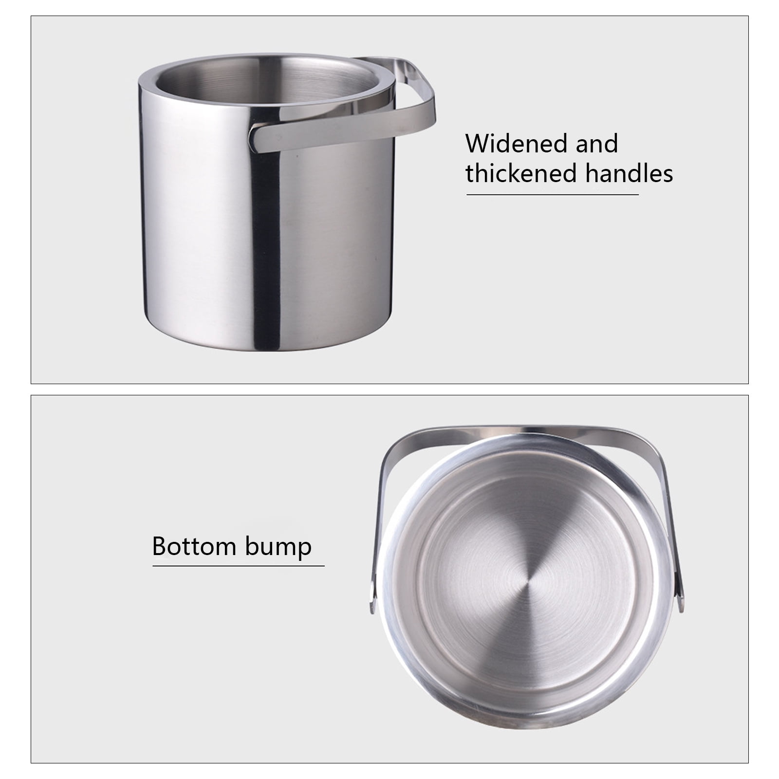 Loyalheartdy 1.3L Double-Wall Insulated Ice Bucket Stainless Steel Ice Cube Beverage Container Silver w/Ice Tongs + Lid