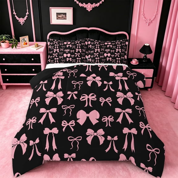 jejeloiu Cartoon Bow Knot Twin Comforter Sets,Pink Black Bowknot Bedding Set For Girl Reversible 2pcs