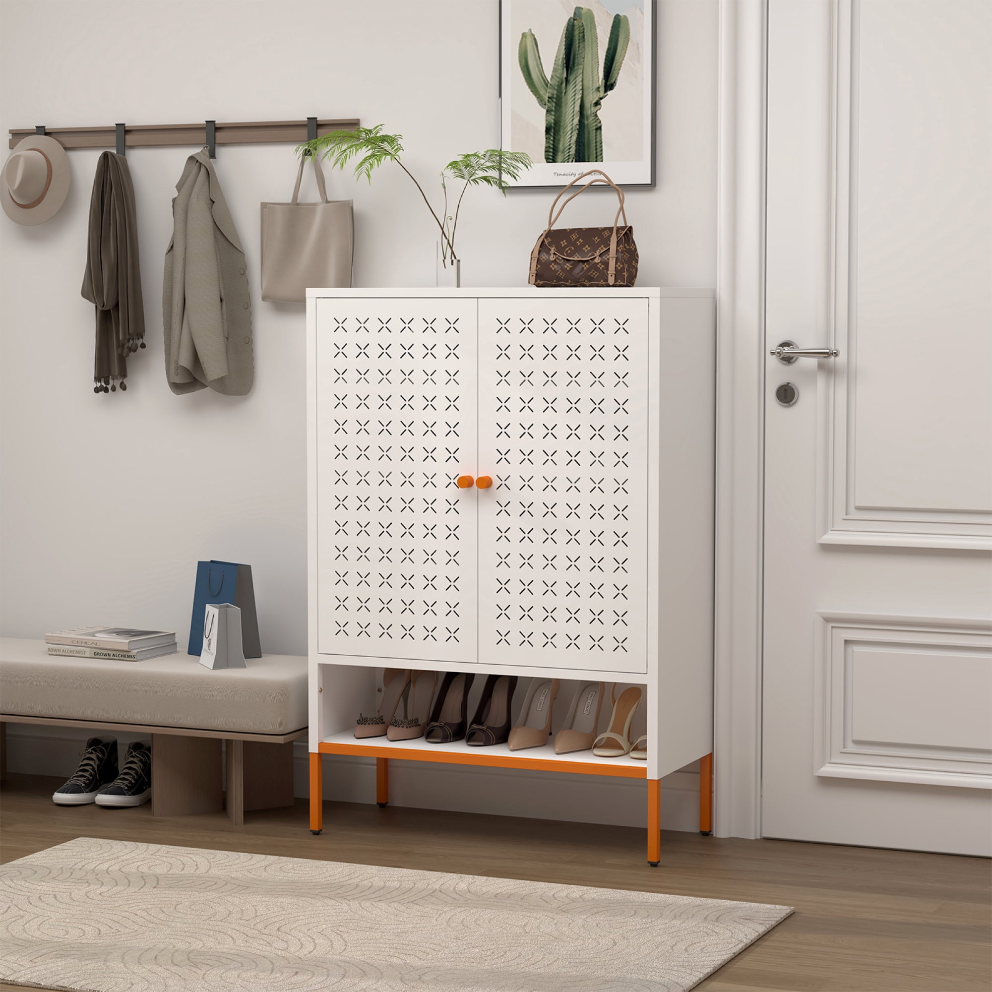 Grid Double Door Shoe Cabinet, 3 Layer Adjustable Compartments for Flexible Storage, Hollow Shoe 15cm Moisture-proof high Foot Design