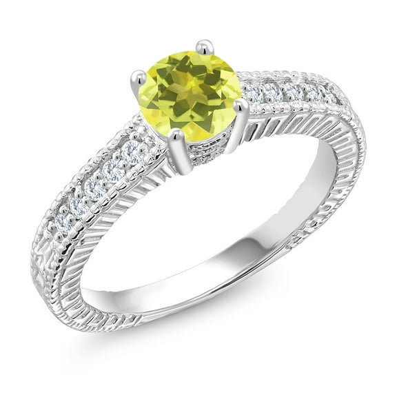 Gem Stone King 925 Sterling Silver Ring Round Canary Mystic Topaz and Moissanite (1.15 Cttw, Size 8)