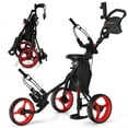 thumbnail image 1 of Patiojoy Chariot Poussoir de Golf à 3 Roues, Chariot Léger Pliable pour Sacs de Golf avec Siège et Poignée Ajustables, Porte-Parapluie et Frein à Pied, Rouge, 1 of 7