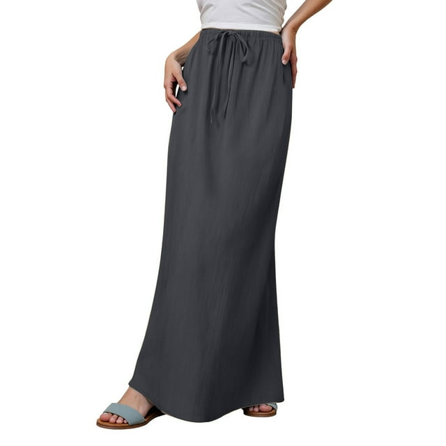 NINGMENG Skirts For Women Summer Linen Solid Color Trendy Drawstring Waist A Line Cute Vacation Boho Flowy Maxi Skirt Beachwear,Gray,M