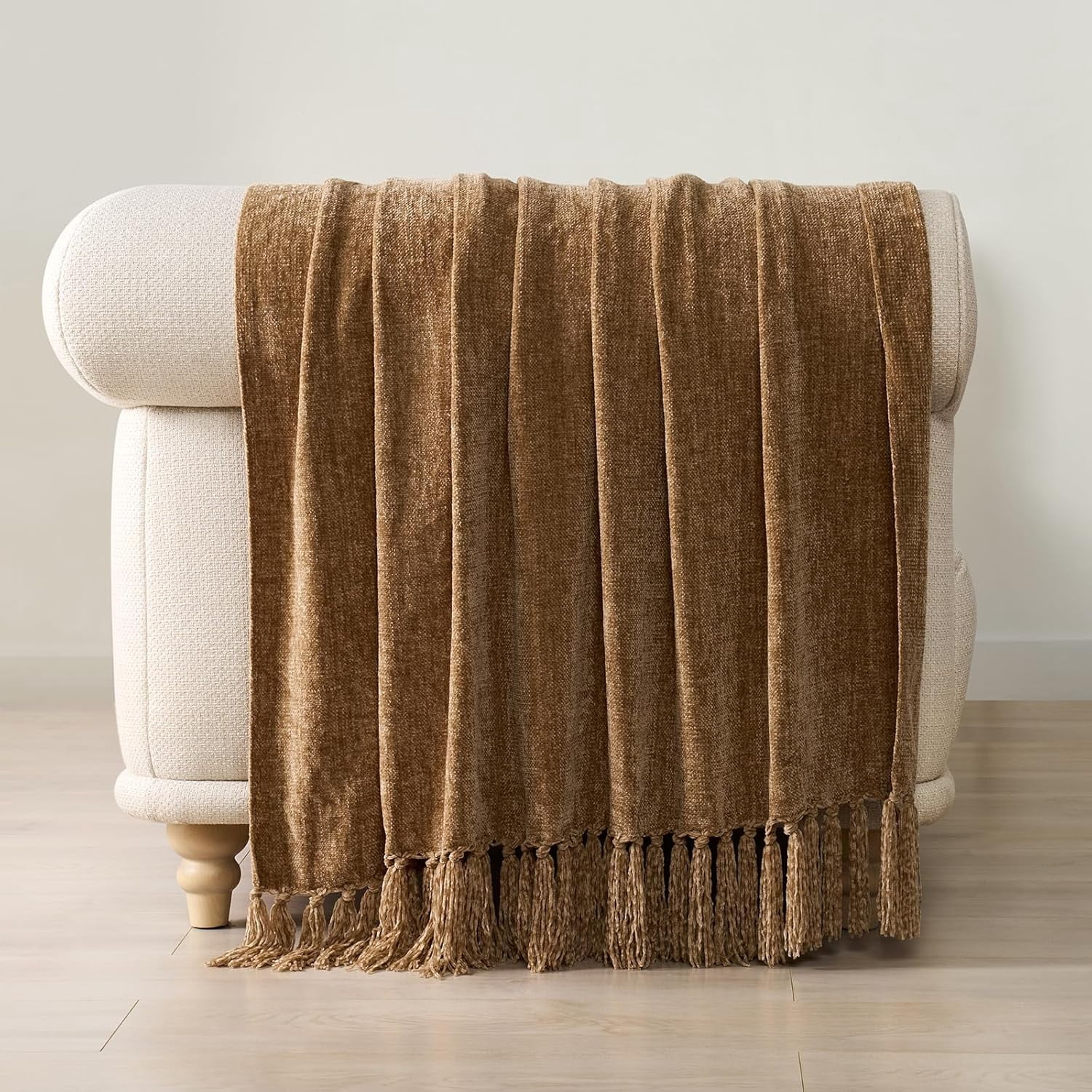 EVERGRACE Soft Chenille Throw Blanket for Couch, Cozy Plush Fuzzy Decorative Chenille Knit Throw Blanket with Tassels, Lightweight Blanket and Throws for Bed Sofa Gift Home Decor, Khaki 50"x60"
