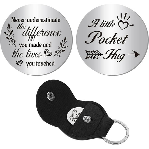 A Little Pocket Hug Token Long Distance Relationship Keepsake Stainless Steel Double Sided Inspirational Gift with PU Leather Keychain for Friends Family Dad Son 1.2 x 1.2 Inch