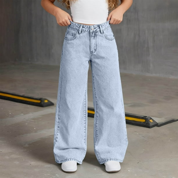 Cowsor Girls Baggy Jeans Distressed Denim Pants Elastic Waist Wide Leg Jeans for Girls Kids Loose