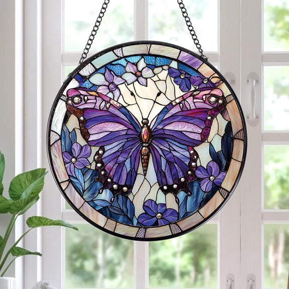 Butterfly Stained Glass Window Hanging 7.9 Inch Round Sun Catcher for Indoor Decor, Home Wall Art Gift for Christmas Wedding Housewarming