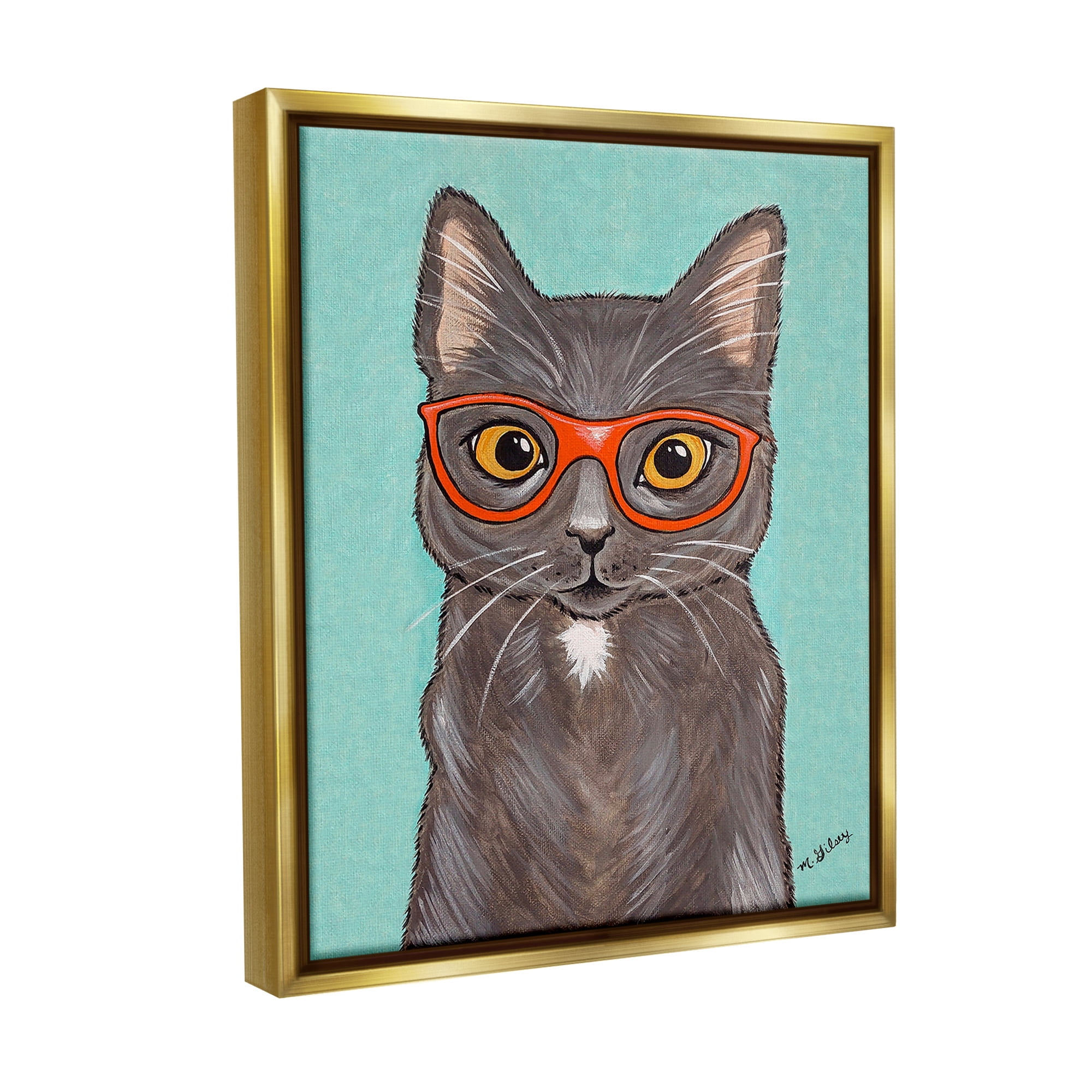 Stupell Industries Hipster Cat Red Glasses Animals & Insects Painting Gold Floater Framed Canvas Art Print Wall Art, 17 x 21