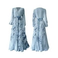 thumbnail image 2 of Women's V Neck Floral Printed Pleated Dress Long Sleeve Flowy A Line Party Maxi Cocktail Dresses Light Blue XL, 2 of 7