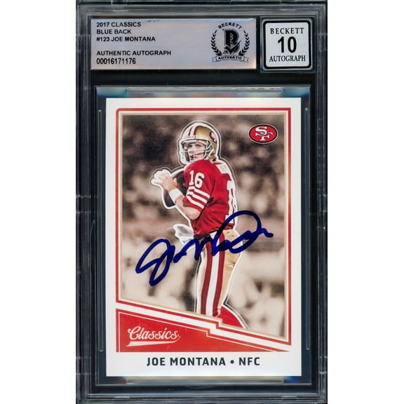 Joe Montana Autographed 2017 Donruss Classics Blue Back Card #123 San Francisco 49ers Auto Grade Gem Mint 10 Beckett BAS #16171176