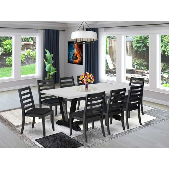East West Furniture V697X1624-9 Dining Room Set, Cement - A Wooden Table & 8 Stackable Kitchen Chairs with Black Linen Fabric - 9 Piece