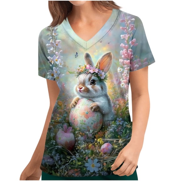Kctiaxy Scrubs for Women Funny Casual Rabbit Print Graphic Easter Shirts for Women Short Sleeve V-neck Pullover Work Tee Tops with Pockets