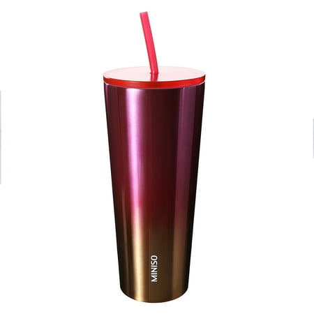

MINISO Polished Tumbler with Straw Insulated Travel Mug Coffee Beer Cup Stainless Steel 750ml (Pink)