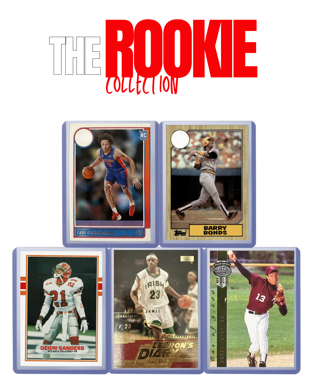 Rookie Card Lot of 5 – Hall of Famers & Today’s Top Stars - Such as Barry Bonds, Cade Cunningham, Shaquille O'neal, Ronald Acuna Jr. Lebron James, etc.
