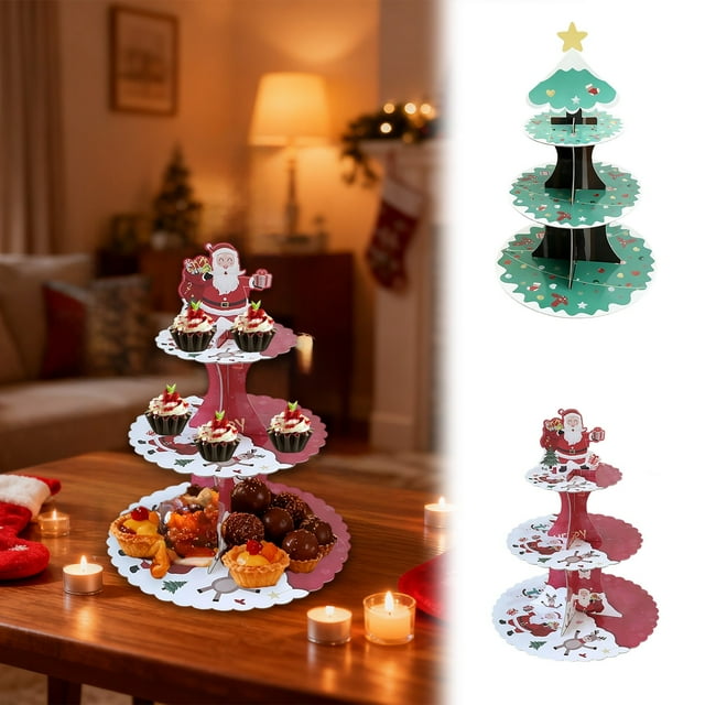 3-Tier Christmas Dessert Stand with Santa & Tree Designs - Disposable Paper Display for Holiday Parties, Cupcakes & Snacks