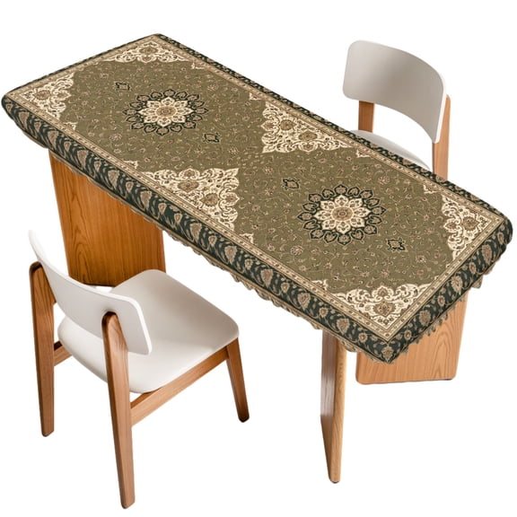 Brown Green Boho Fitted Rectangle Tablecloth 32" x 96" Vintage Geometric Abstract Nordic Style Rustic Elastic Table Cloth Fits for 8 Foot Folding Tables Waterproof Table Cover for Picnic Camping