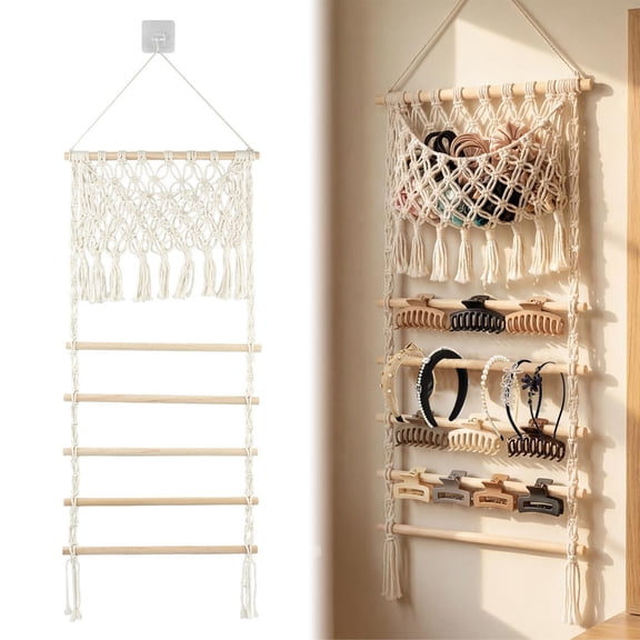 Macrame Hair Claw Clip Holder Wall Hanging for Women Girls, Large Capacity Boho Hair Accessories Storage Wall Door Organizer with Pocket and Wooden Rods, Hair Barrette Display Rack for Home Décor