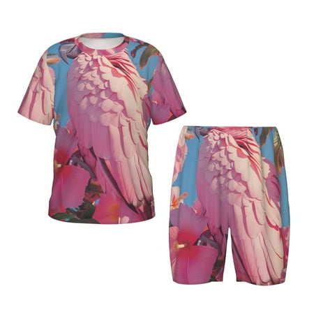 Gukieu Pink Parrot Tropical Blossoms Print Children s Pajamas Set  Elastic Waist Shorts and Short-sleeved Tops  Two-piece Set  Home Clothes and Sportswear Suitable for Boys and Girls-XX-Large