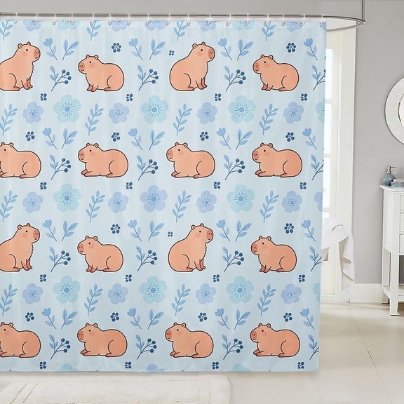 Manfei Kawaii Capybara Animal Shower Curtain 72Wx72L, Spring Blossoms Flower Shower Curtain 72Wx72L, Blue