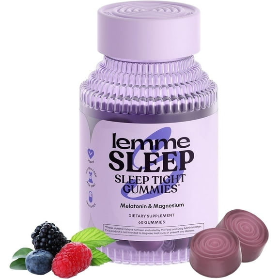Lemme Sleep Gummies with 5mg Melatonin, Elderberry, Magnesium, L-Theanine, Chamomile and Lavender, Drug-Free Nighttime Sleep Aid, Vegan, Gluten Free, Gelatin Free, Non GMO, Berry Flavored, 60 Count
