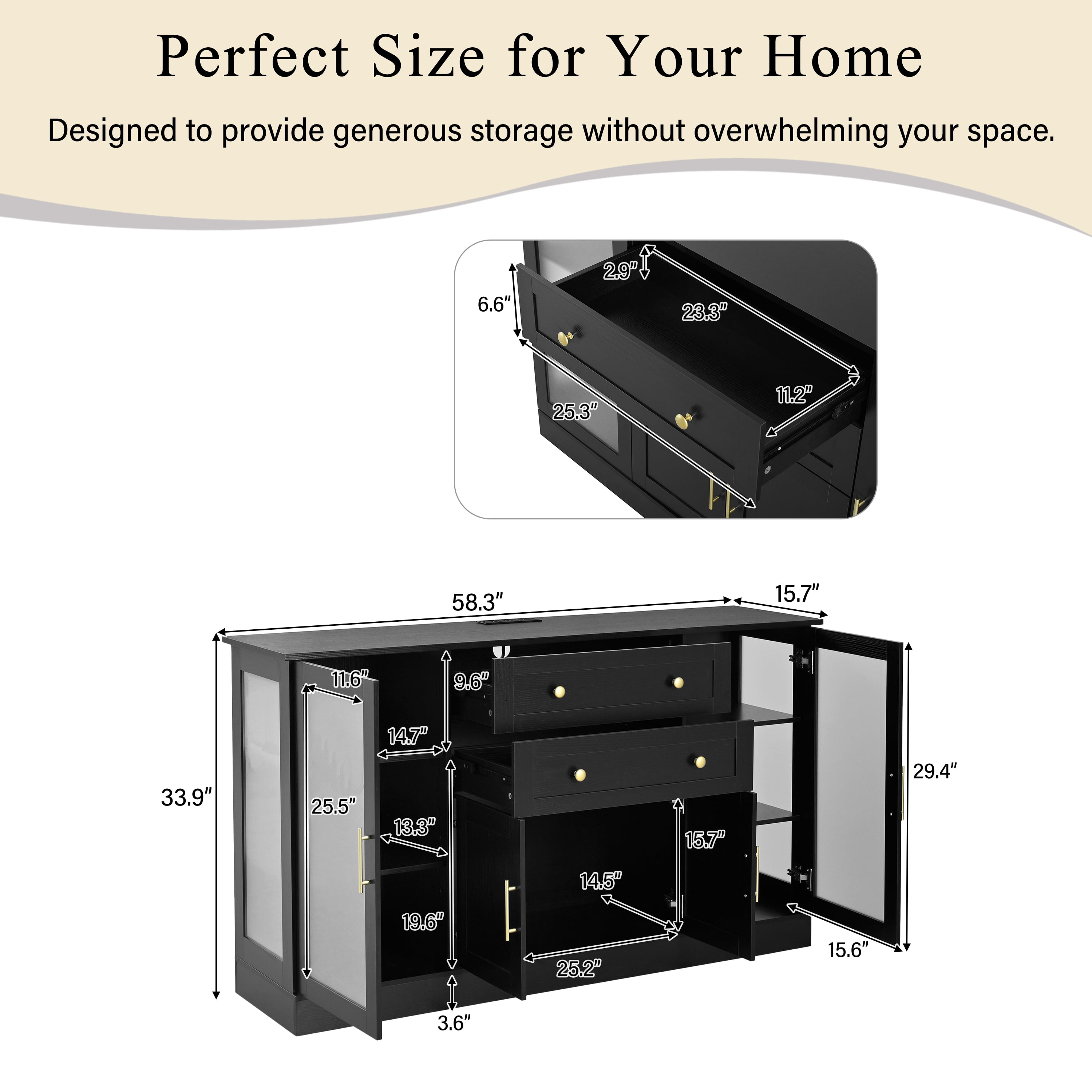 Mintazer 58" Modern Acrylic Sideboard Buffet Cabinet with Power Outlet & Adjustable Shelves, Storage Cabinet with 4 Doors & 2 Drawers for Dining Room Living Room Kitchen, Black
