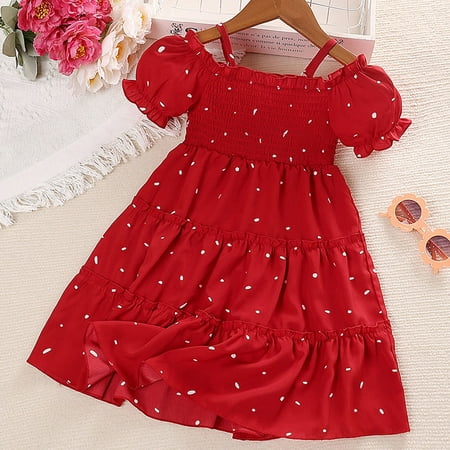 

kpoplk Toddler Dresses Girls Child Fly Sleeve Wave Point Prints Ruffles Summer Beach Sundress Party Dresses Little Girl Dresses(Red)