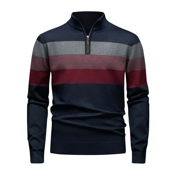 Hinvhai Men's Sweater Quarter Zip Striped Pullover Fall Winter Spring Color Block Polo Sweatshirts Navy 6(M)