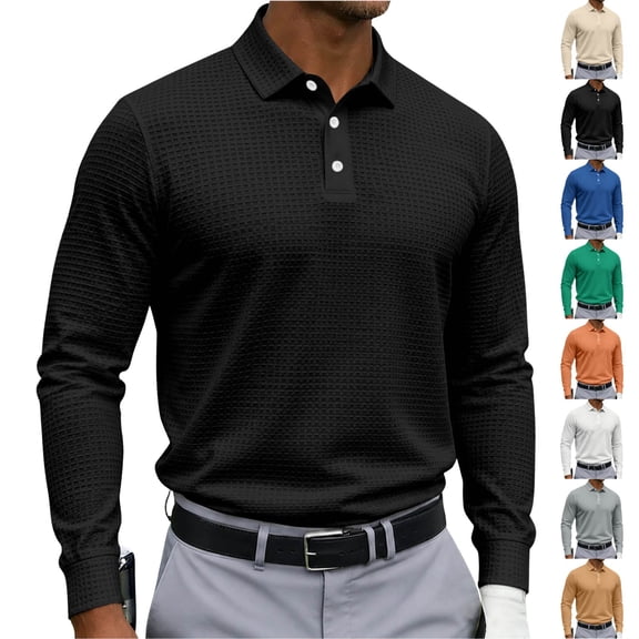 Zimjoy Men's Long Sleeve Golf Polo Shirts Performance Quick Dry Waffle Textured Athletic Polo for Sports Work Casual Daily Wear Black L