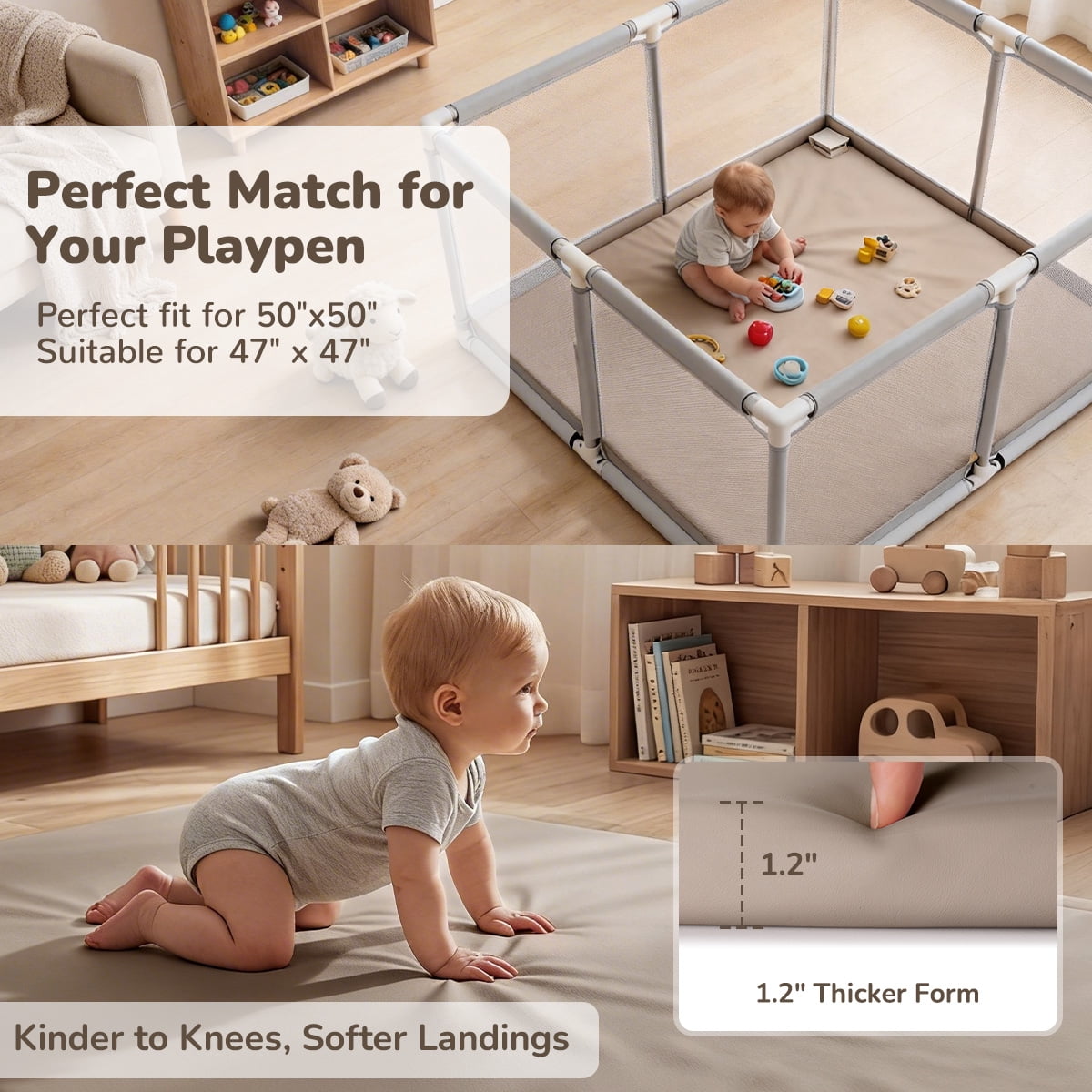 Baby Play Mat, Caveen Vegan Leather Baby Playpen Mat, Thicken Soft Crawling Mat for Infant, Wipe-Clean, 50"x 50", Taupe