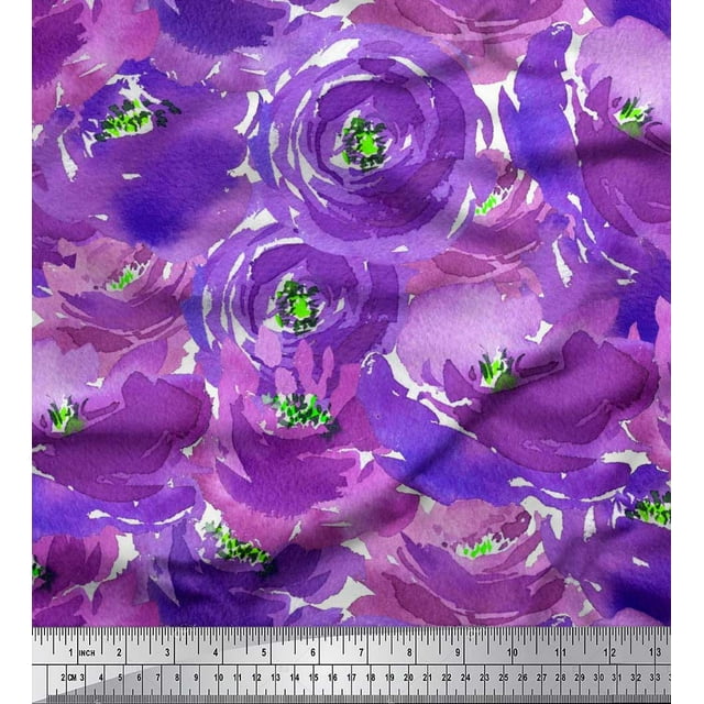 Soimoi Purple polyester Crepe Fabric Flower Watercolor Print Sewing Fabric BTY 42 Inch Wide