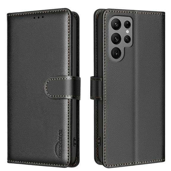 Allytechgroup PU Leather Wallet Case for Samsung Galaxy S22 Ultra, Organize and Protect in Style Bumper Shockproof Stand Retro Phone Case for Samsung Galaxy S22 Ultra, Black