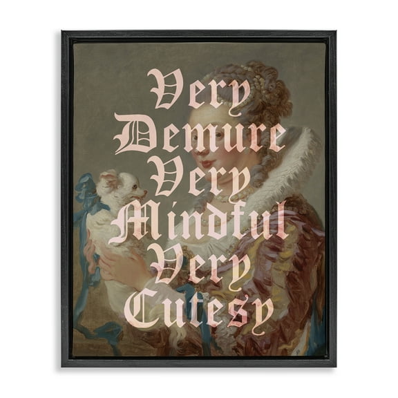 Stupell Industries Vintage Demure & Mindful Quotes and Sayings Painting Black Floater Framed Canvas Art Print Wall Art, 17 x 21