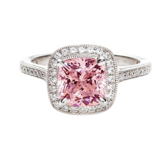 2.41 CT Halo Cushion Pink Gemstone 14K White Gold Engagement Ring, Size 6.5
