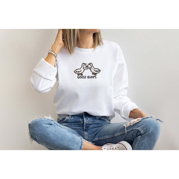 Moonlight Apparel Embroidered Goose Bumps Sweatshirt for Women Funny Goose Graphic Casual Crewneck Pullover