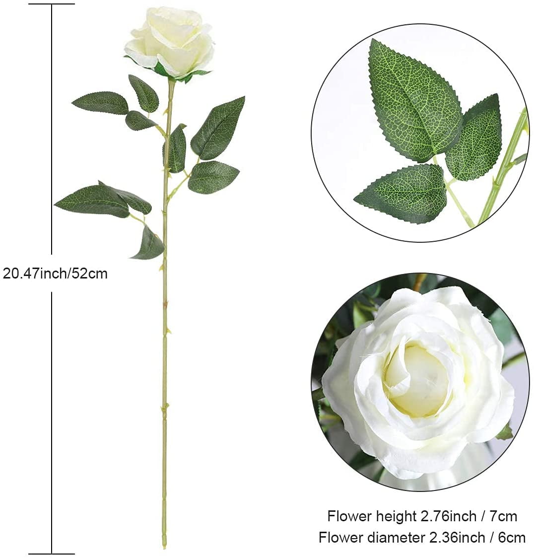 12PCS Artificial Silk Flowers Realistic Roses Bouquet Long Stem for Home Wedding Decoration Party (White)