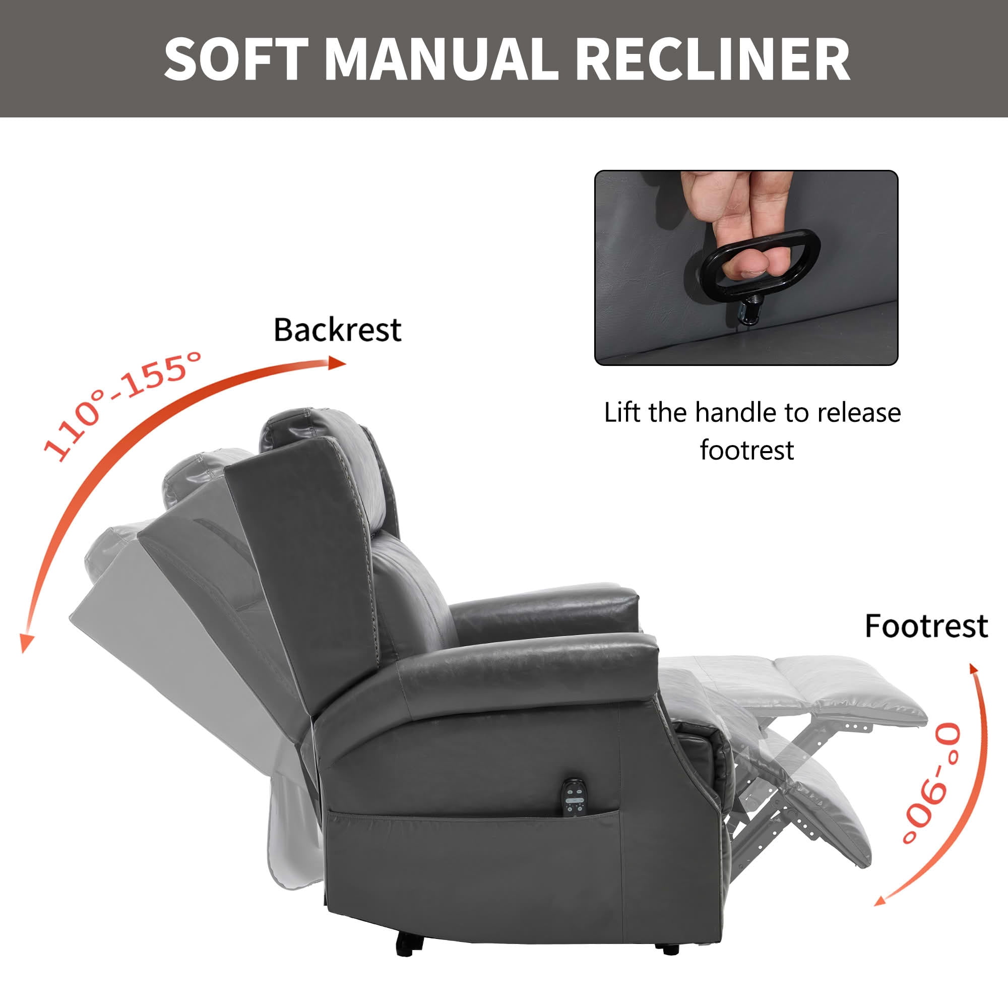 MAYEERTY Gray Faux Leather Manual Recliner Chair, 8 Nodes Massage Heat 155° 35"x38"x40" for Living Room