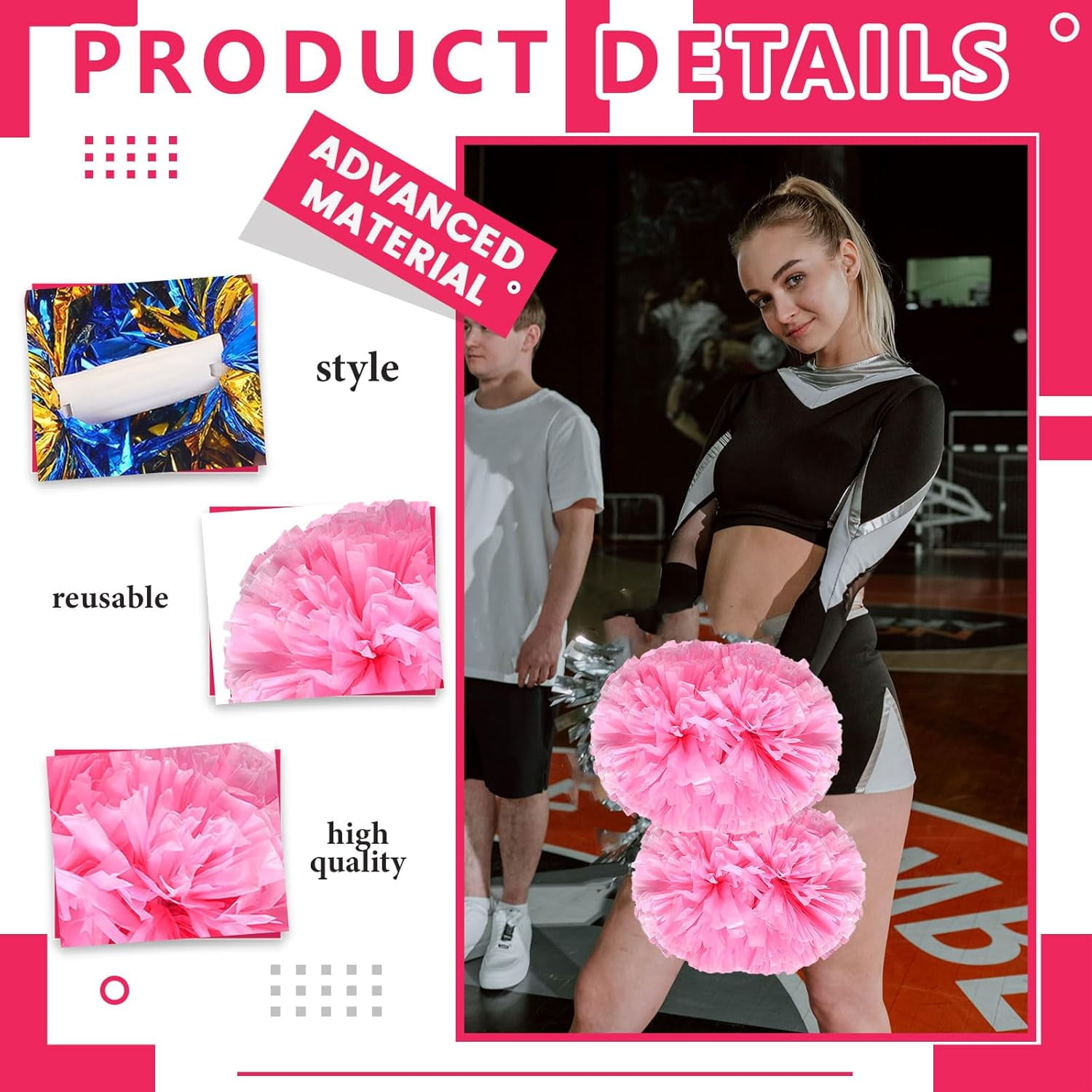 12 PCS pom poms Cheerleading,13.8inch Sports Team Spirits Cheering Squad Dance Training with Handle