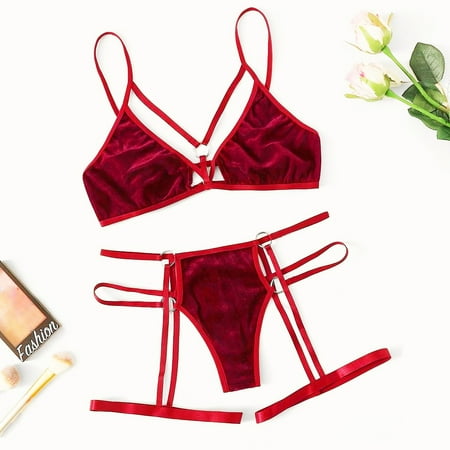 

Floleo Lingerie for Women Deals Sexy Women Velvet Bandage Lingerie Set With Garter Underwear Wireless Bra S-XL Valentines Day Gifts