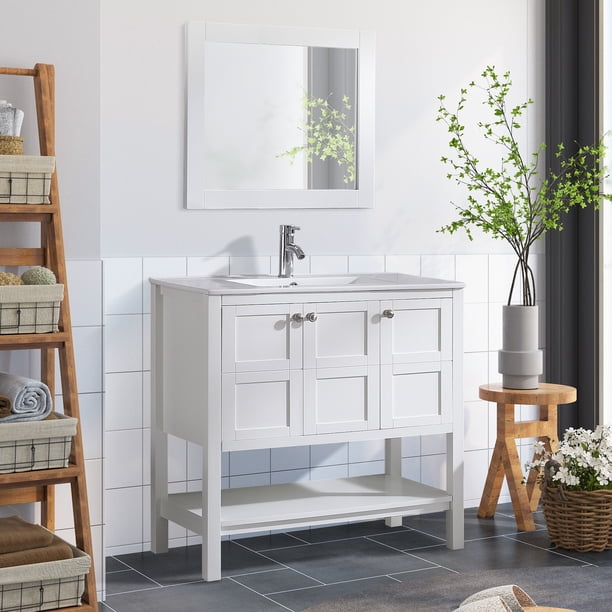 ONBRILL 36 Inch Bathroom Vanity with Sink Combo, Floating Bath Vanity | Modern Wall Mounted, 2 Fluted Drawers, Metal Handle, Storage Cabinet with Ceramic Integrated Sink, for Small Space, White