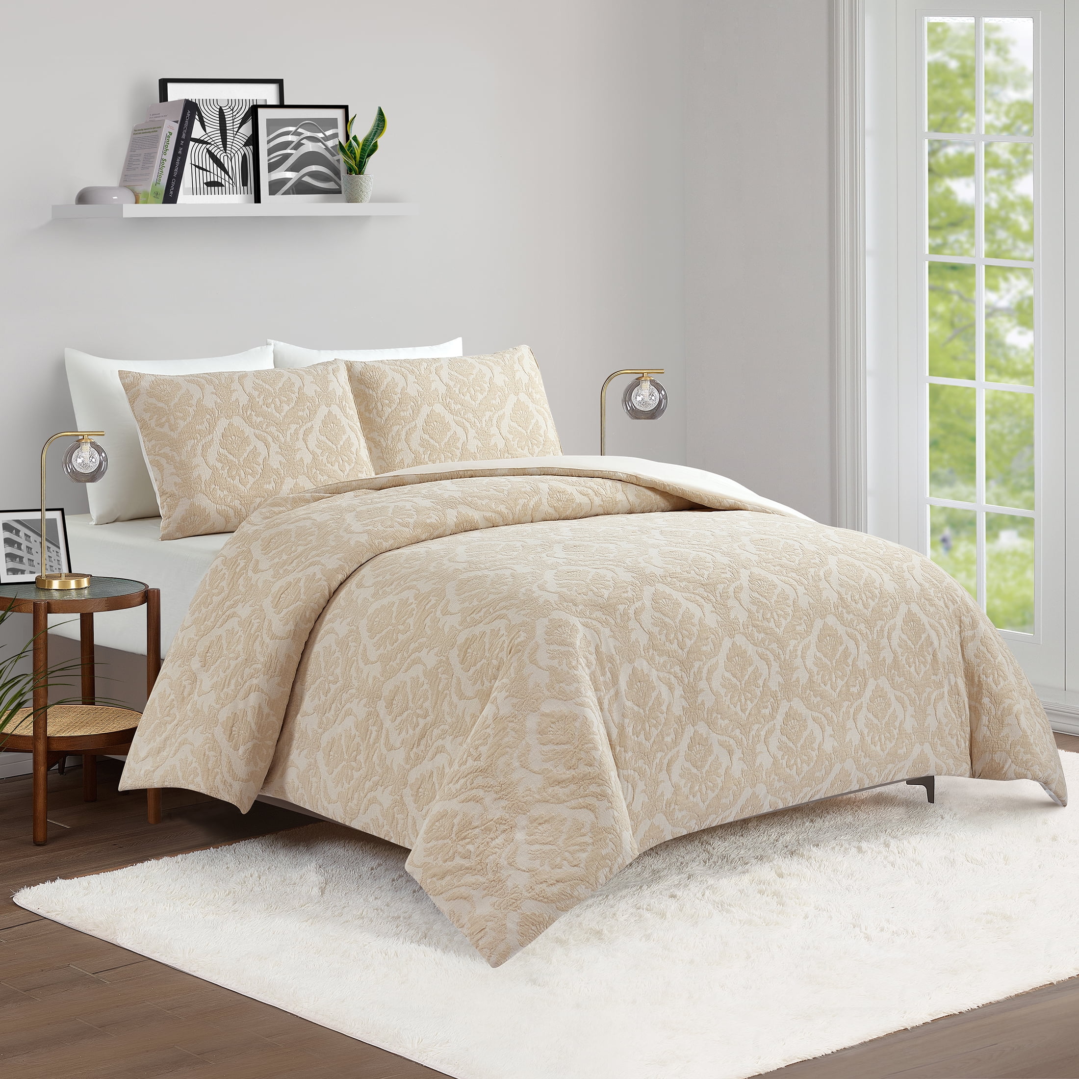 Better Homes & Gardens Woven Damask 3-Piece Comforter Set, Beige, Full Queen, All Ages